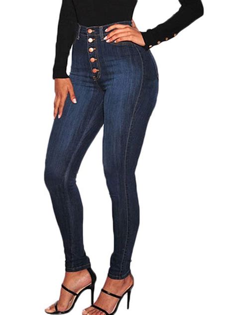 women denim button up high waist skinny jeans ladies slim stretch casual pants