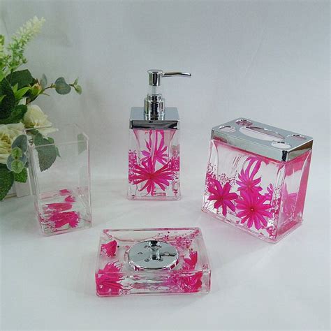 Dark Pink Floral Acrylic Bath Accessory Sets H4006 Pink Bathroom