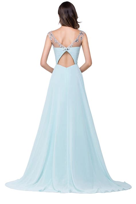 Light Sky Blue Backless Chiffon Beaded Prom Dresses Okdresses