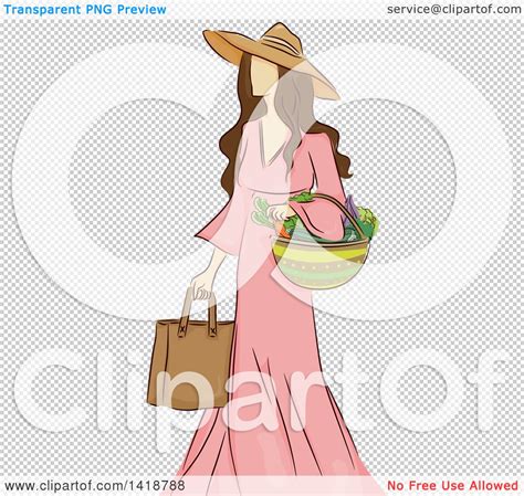 clipart of a sketched brunette caucasian woman carrying a bag and basket of vegetables royalty