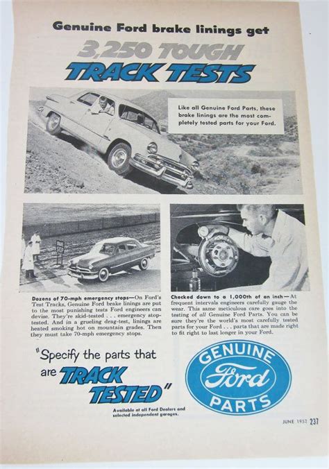 Vintage 1952 Ford Auto Parts Print Advertisement Ford Parts Old