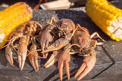 Crawfish And Corn Close Up Boiled Crayfish And Grilled Corn A Stock