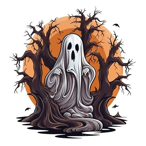 Halloween Ghost Cartoon With Trees Design Scary Theme Ghost Cartoon