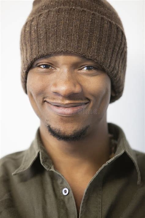 Close Up Portrait Of An African American Man Wearing Knit Hat Stock