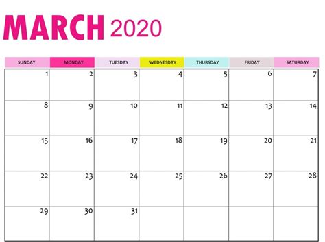 Calendar March 2020 Printable Template In Pdf Word Excel
