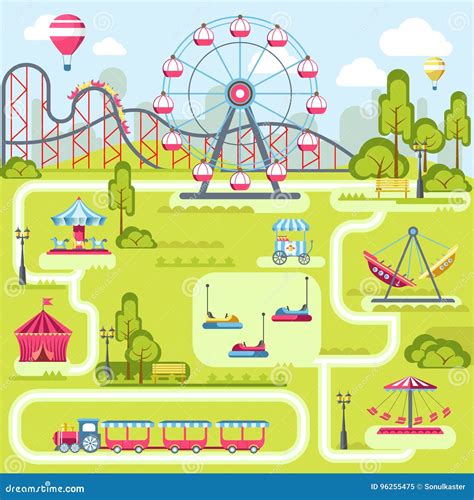 Amusement Park Attractions Vector Flat Plan Template Design Stock