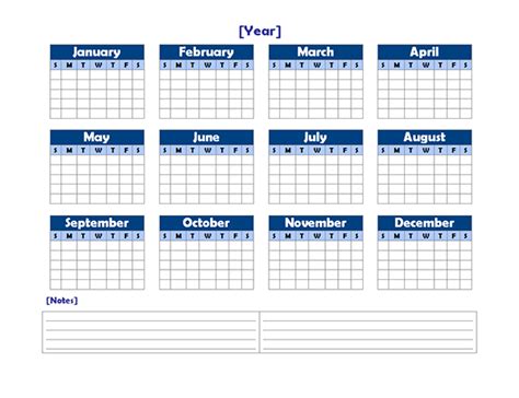 Yearly Blank Calendar Landscape With Notes Free Printable Templates