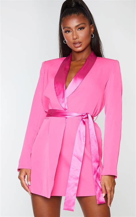 Pink Satin Lapel Tie Waist Blazer Dress Prettylittlething Aus