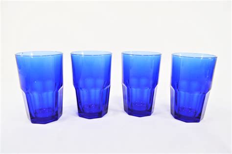Vintage Water Glasses Set Of 4 Cobalt Blue Crisa Libbey Tumblers Blue Drink Ware Collectible