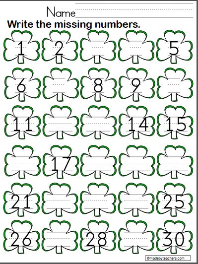 St Patricks Day Write The Missing Numbers To 30 Made By Teachers