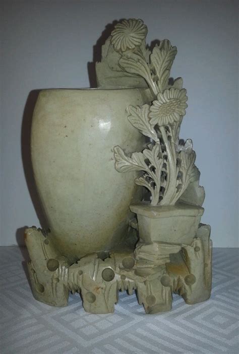 Antique Vintage Chinese Carved Soapstone Vase Pot Floral Motif