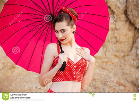 Portrait Of Beautiful Pinup Girl With Umbrella Stock Photo Image Of