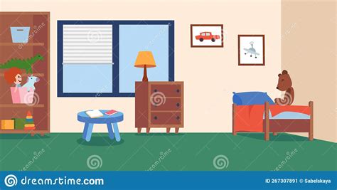 Clean Kids Bedroom With Bed Shelves And Toys Cartoon Flat Vector