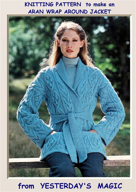 vintage 1970 aran knitting pattern by pdf file to make a womens wrap around cardigan jacket 3
