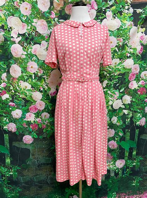 60s pink white polka dot dress zip front pockets etsy