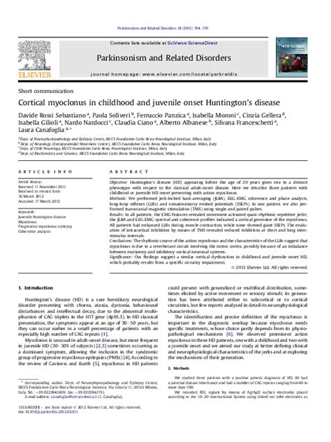 Pdf Cortical Myoclonus In Childhood And Juvenile Onset Huntingtons