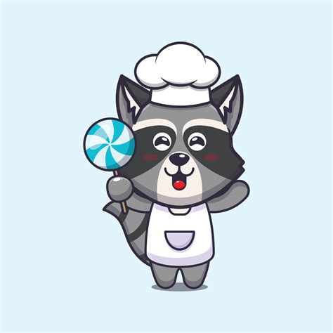 Lindo Mapache Chef Mascota Personaje De Dibujos Animados Con Dulces