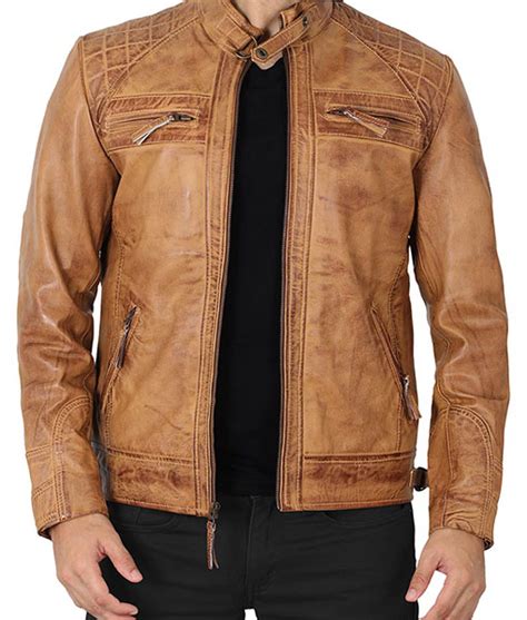 Michael Camel Brown Distressed Leather Jacket Quilted Leather Jacket Mens