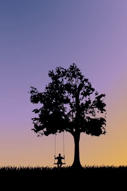 Premium Vector Silhouette On Swing At Sunset