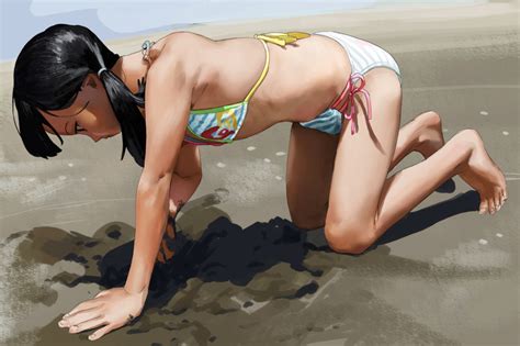 Dorontabi Original Highres Girl All Fours Barefoot Beach Bikini