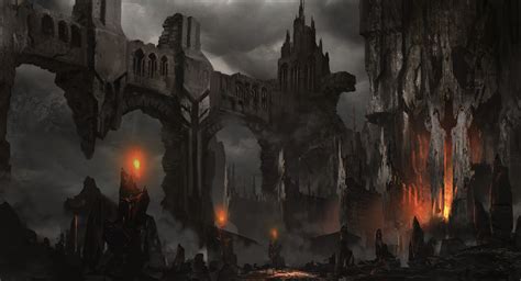 Fantasy Art Landscapes Decay Ruins Castle Fire Dark