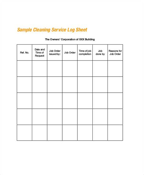 Printable Blank Cleaning Log Sheets