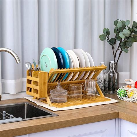 Bamboo Dish Drying Rack With Utensil Holder 3 Tiers For Large Etsy