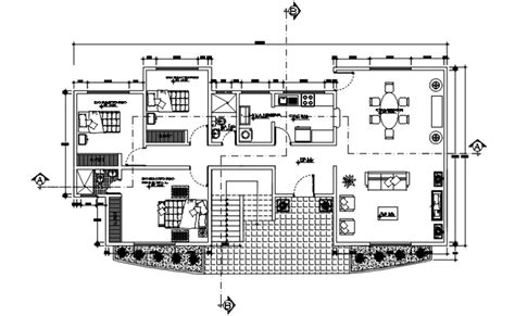 Three Bhk House 2d View Layout Plan Cad Drawings Autocad File Cadbull