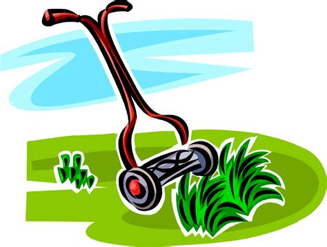 Vector Illustration Of Yard Work Push Lawn Mower Cuts Grass Cutter