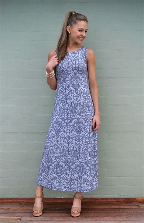 Boat Neck Maxi Dress Womens Blue And Grey Floral Long