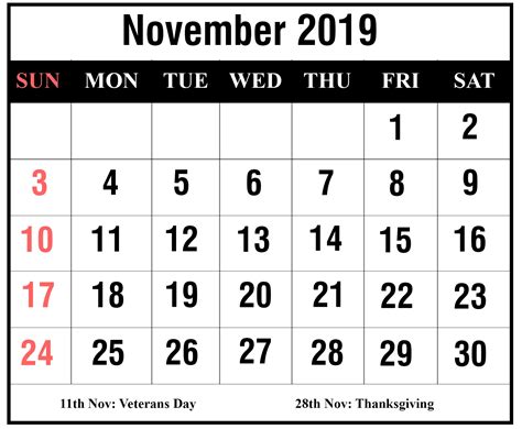 Free November 2019 Printable Calendar Template In Pdf Excel Word