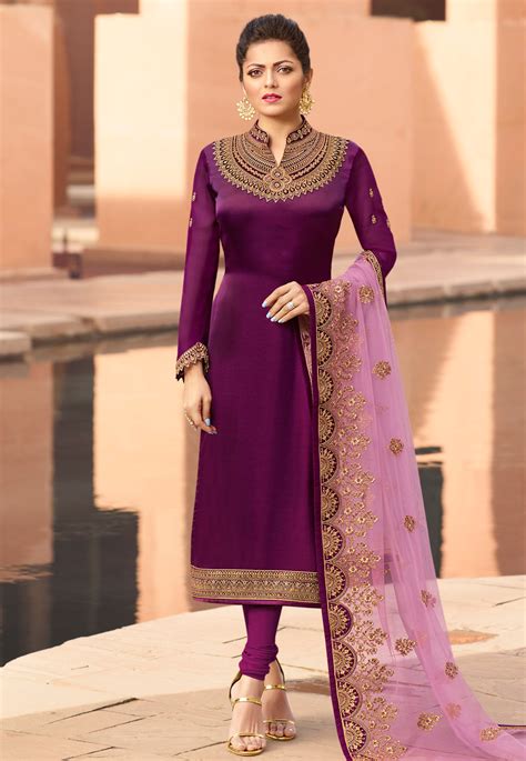 Drashti Dhami Purple Satin Embroidered Bollywood Suit 179908 Fashion Churidar Suits