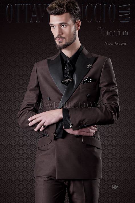 Brown Wool Blend Double Breasted Suit With Satin Lapel Brown Fashion