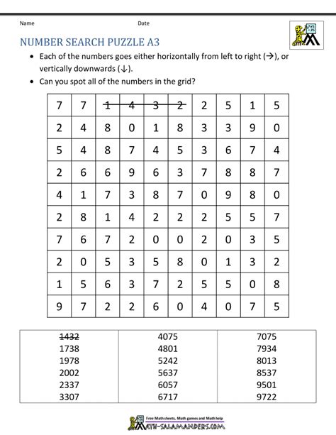 Free Printable Number Word Search Puzzles