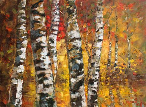 Bring nature home with birch tree artwork. Birch trees in Golden Fall Painting by Ylli Haruni