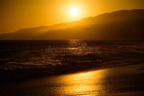 Gold Sky And Ocean Water Golden Sunrise Sunset Over The Sea Waves