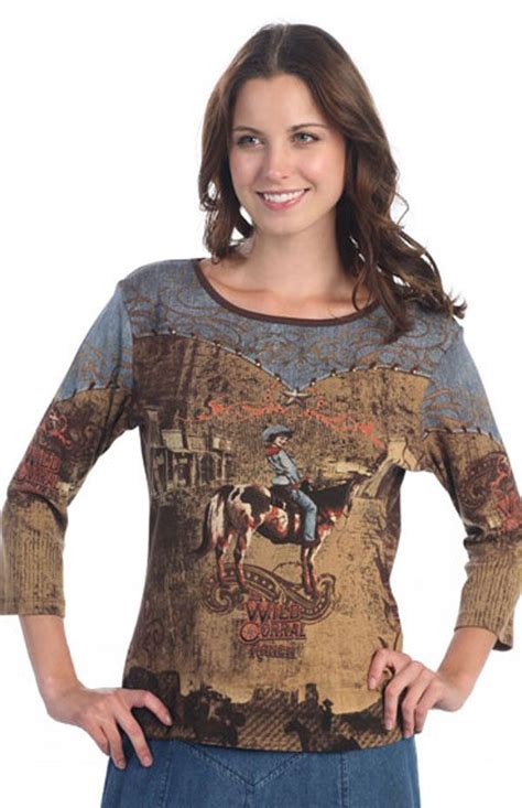 Western Style Ladies Cotton Printed T Shirt Has 34 Sleeve And Is