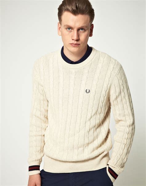 Lyst Fred Perry Fred Perry Tipped Cable Crew Jumper In White For Men