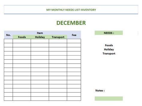 Excel Of Monthly Needs Inventory List About Transport Food And Holiday