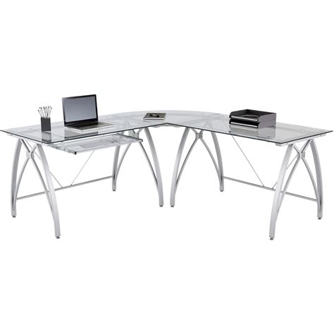 Realspace Vista L Shaped Glass Computer Desk Silver Office Furniture