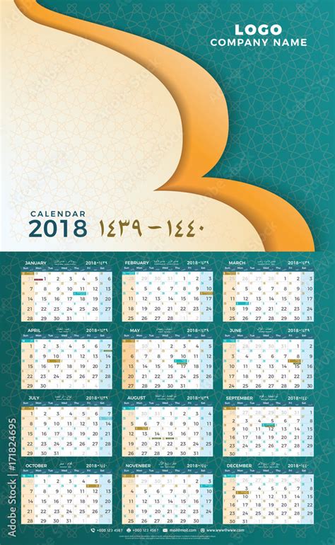 Hijri 1439 To 1440 Islamic Calendar 2018 Design Template Simple