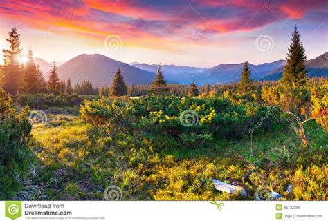 Dramatic Summer Sunset In Carpathian Mountains Stock Photo Image