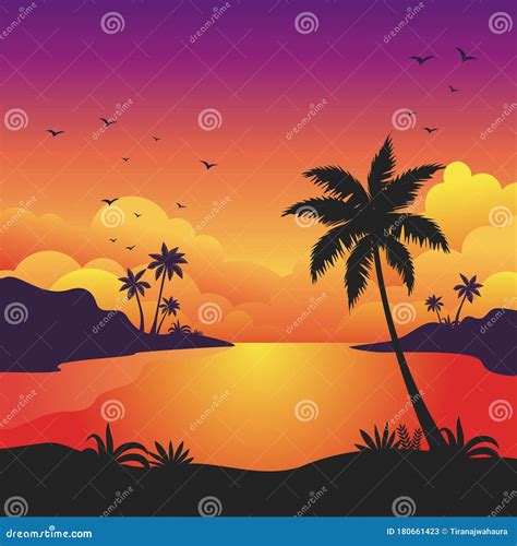 Zachód Słońca Na Plaży Z Sylwetką Drzew Palmowych Tło Krajobrazowe