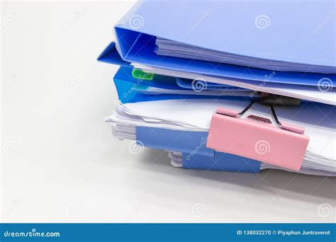 Blue Files Folder And Paper On White Table In Office Stock Photo