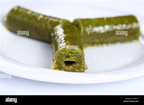 Pistachio Rolls Baklava Fistik Sarma Turkish Traditional Dessert Stock