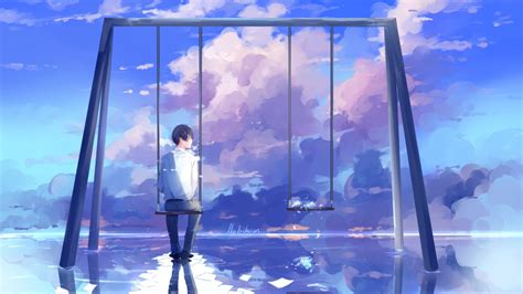 Free Download Anime Boy Scenic Swing Clouds Back View Reflection Anime