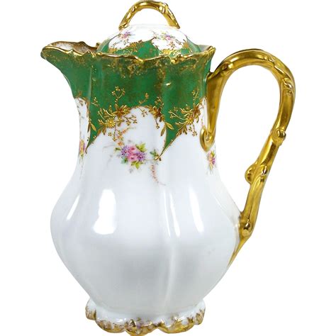 Antique Limoges Chocolate Pot Hand Painted Flowers Gold Scrolled Handle