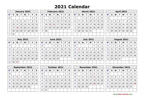 One Page Calendar 2021 Free Letter Templates