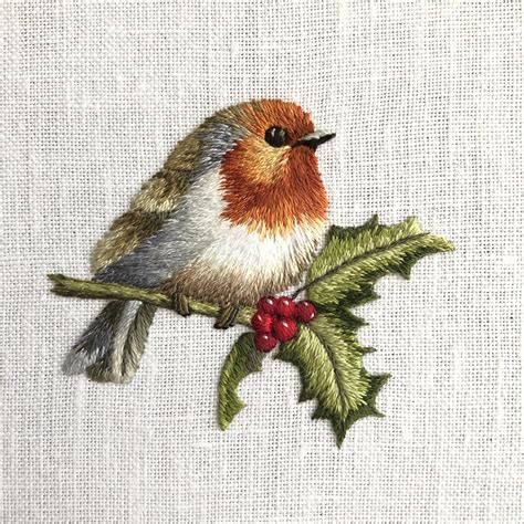 embroidered-robin-on-holly-bird-embroidery-pattern,-birds-embroidery-designs,-animal-embroidery