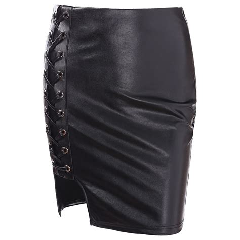 Kenancy Sexy Faux Leather Skirts Lace Up Women Bodycon Skirt High Waist